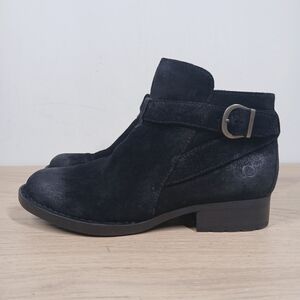 Born Black Leather Side Zip Buckle Strap Round Toe Low Heel Ankle Boots 1140